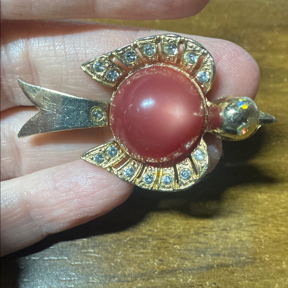Vintage Pink Jelly Belly Gold Bird With Rhinestones & AB Stone Eyes